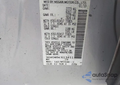 2010 Nissan Pathfinder Se z USA, uszkodzony, nr VIN 5N1AR1NB9AC613451